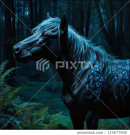 Black horse standing in a dark forest 125677048