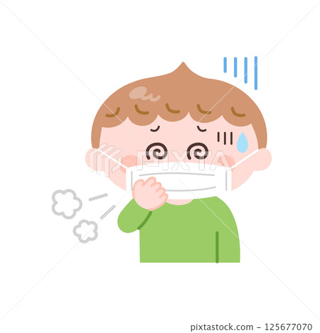 一個男孩戴著口罩咳嗽的插圖 一個男孩戴著口罩咳嗽的插圖 125677070