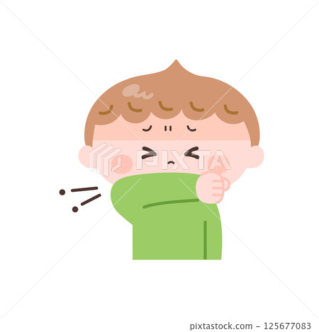 Illustration of a boy covering his mouth after coughing 125677083