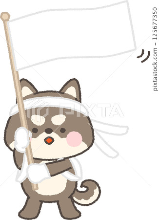 A black Shiba Inu cheering on the team waving a flag 125677350