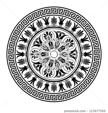 Greek round ornament. Greek meander key plate. Circle european border frame. Patterns of Greece, ancient Rome. Typical egyptian, assyrian, greek motive for engraving, embroidery, porcelain, plate Greek round ornament. Greek meander key plate. Circle european border frame. Patterns of Greece, ancient Rome. Typical egyptian, assyrian, greek motive for engraving, embroidery, porcelain, plate 125677569