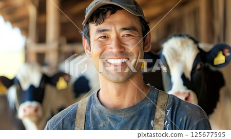 A middle-aged man, a dairy farmer, smiling cheerfully 125677595