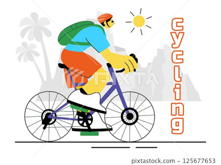 Cycling Vector Illustration Featuring People Engaged in Outdoor Leisure Activities, Riding Bicycles with Helmets on a Road Track in a Background 125677653