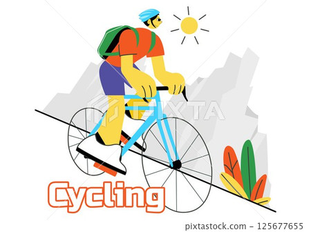 Cycling Vector Illustration Featuring People Engaged in Outdoor Leisure Activities, Riding Bicycles with Helmets on a Road Track in a Background Cycling Vector Illustration Featuring People Engaged in Outdoor Leisure Activities, Riding Bicycles with Helmets on a Road Track in a Background 125677655