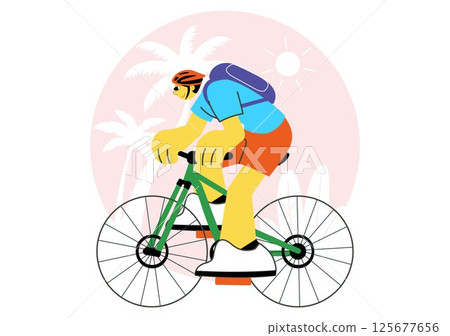 Cycling Vector Illustration Featuring People Engaged in Outdoor Leisure Activities, Riding Bicycles with Helmets on a Road Track in a Background 125677656