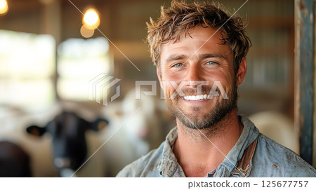 A cheerful, smiling white male dairy farmer 125677757