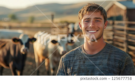 A cheerfully smiling young Caucasian male dairy farmer 125677758