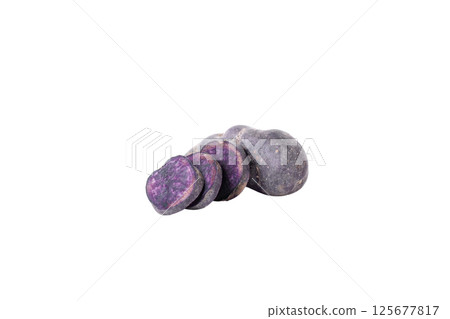 Concept of unusual vegetable - purple potato vegetable, isolated on white background 125677817