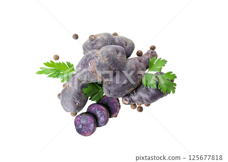 Concept of unusual vegetable - purple potato vegetable, isolated on white background 125677818