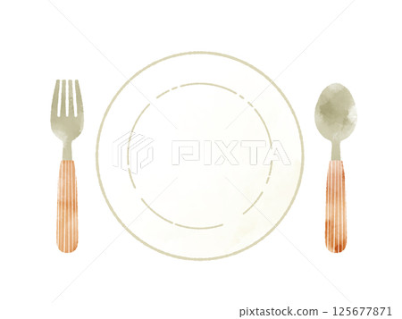 盤子、叉子和湯匙 - 水彩畫 125677871