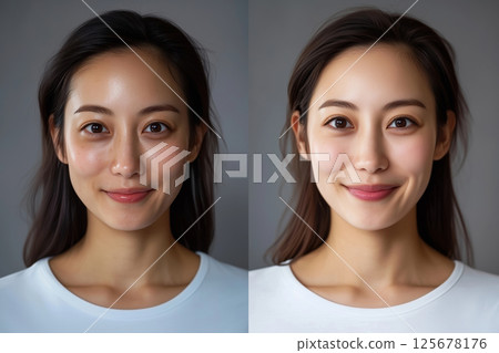 Effect of skin care - before and after of young woman's skin Effect of skin care - before and after of young woman's skin 125678176