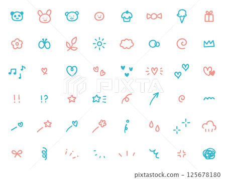 手繪裝飾插圖的向量插圖集。手繪、集中線、箭頭、糖果、動物、心、星星 手繪裝飾插圖的向量插圖集。手繪、集中線、箭頭、糖果、動物、心、星星 125678180