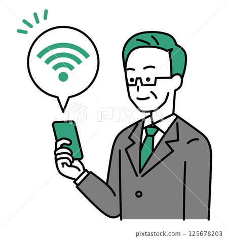 A middle-aged man in a suit holding a smartphone connected to Wi-Fi 125678203