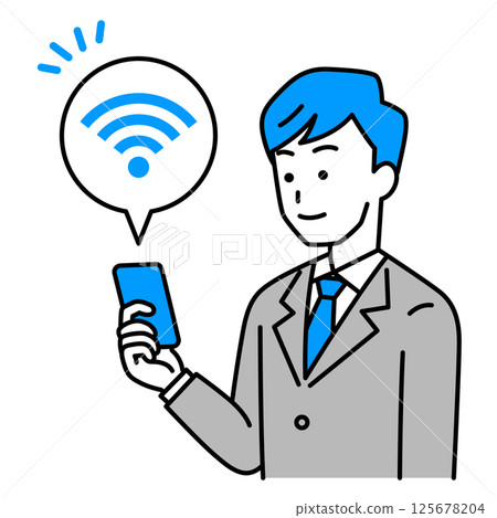 A man in a suit holding a smartphone connected to Wi-Fi A man in a suit holding a smartphone connected to Wi-Fi 125678204