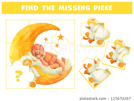 Find the missing piece of a picture with cute naked baby sleeping on the moon. Sweet dreams puzzle game. Choose correct element of watercolor composition of infant boy, lamb and duckling toys Find the missing piece of a picture with cute naked baby sleeping on the moon. Sweet dreams puzzle game. Choose correct element of watercolor composition of infant boy, lamb and duckling toys 125678267