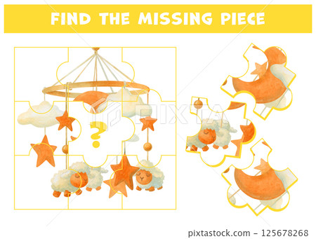 Logic game with image of hanging baby toy. Finding missing puzzle piece of baby mobile with sleeping lamb and stars. Page for kid brain teaser book. Task for attentiveness. Developing spatial thinking 125678268