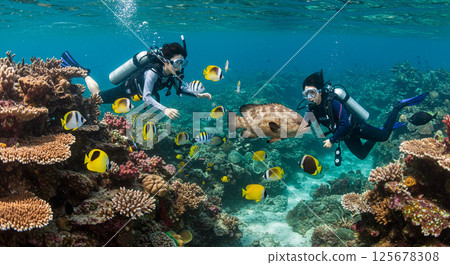 A fun encounter with colorful fish 125678308