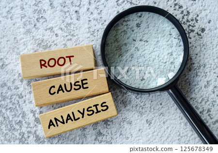 Top view of Root Cause Analysis text on wooden blocks. Root cause analysis concept 125678349