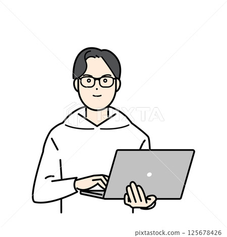 一名男子手持 PC 向量插圖 125678426
