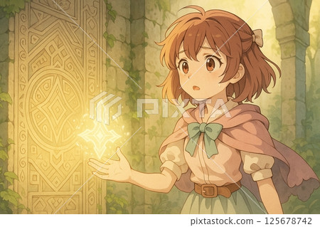 在遺跡的門前激發魔法光輝的少女。焦慮與好奇交織的奇幻世界中的冒險場景。 在遺跡的門前激發魔法光輝的少女。焦慮與好奇交織的奇幻世界中的冒險場景。 125678742