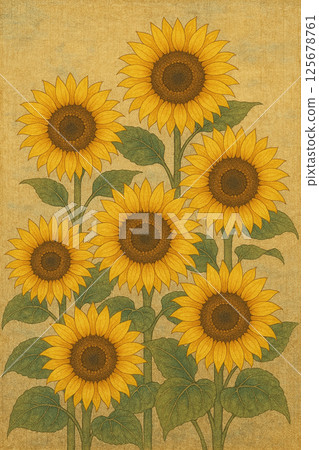 Bright sunflower illustration with Japanese style texture 125678761
