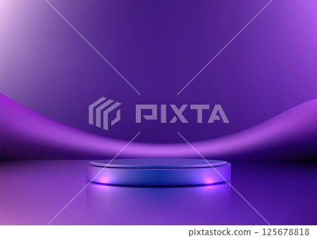 3D sleek round metallic platform on purple reflective surface modern luxury product display mockup minimalist showcase 125678818