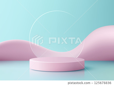 minimalist pink podium on blue reflective surface modern 3d product display mockup showroom showcase abstract geometric backdrop 125678836