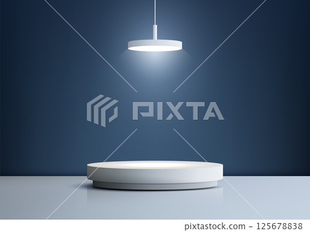 modern minimalist 3d white cylindrical podium with pendant lamp luxury product display mockup showcase on blue wall 125678838