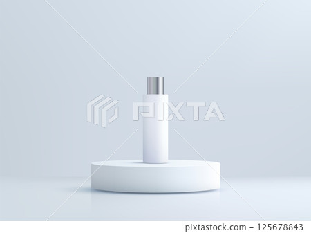 sleek white bottle with silver cap on light blue background, modern minimal 3d product mockup for cosmetic branding showcase sleek white bottle with silver cap on light blue background, modern minimal 3d product mockup for cosmetic branding showcase 125678843