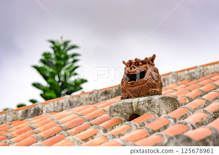 一隻微笑的風獅爺坐在石垣島一處私人住宅的紅瓦屋頂上 125678961