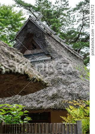 A thatched roof building covered in shining new greenery. A pristine Japanese landscape. "Hana no Yamadera/Fumonji Temple" in Maniwa City, Okayama Prefecture A thatched roof building covered in shining new greenery. A pristine Japanese landscape. "Hana no Yamadera/Fumonji Temple" in Maniwa City, Okayama Prefecture 125679172
