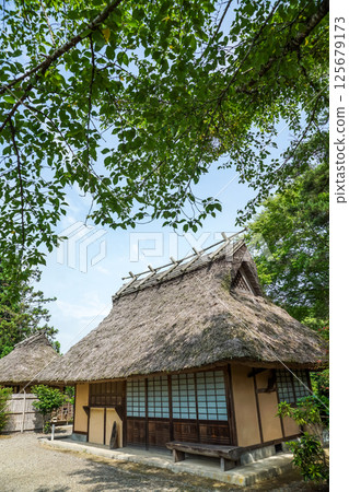 A thatched roof building covered in fresh greenery. A pristine Japanese landscape. "Hana no Yamadera/Fumonji Temple" in Maniwa City, Okayama Prefecture A thatched roof building covered in fresh greenery. A pristine Japanese landscape. "Hana no Yamadera/Fumonji Temple" in Maniwa City, Okayama Prefecture 125679173