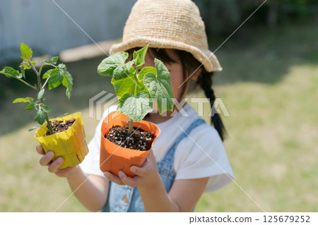 Girl holding vegetable seedlings 125679252