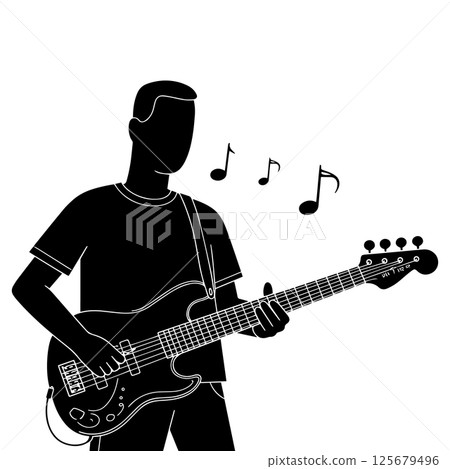 Silhouette of a Bass Guitarist Playing Music 125679496