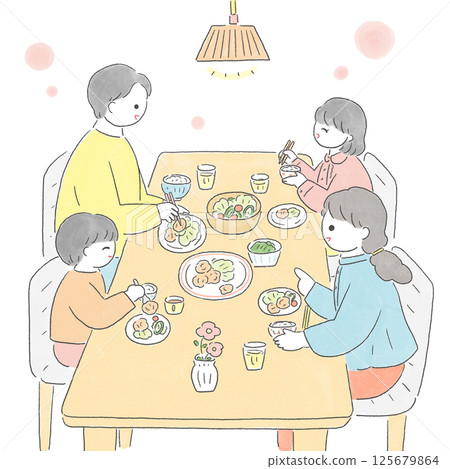 Family eating rice at the dining table 125679864