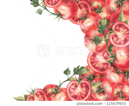 Tomatoes food frame with text space. Watercolor vegetables Illustration. Whole and sliced red fruit and stem, leaves. Realistic hand drawn isolated clipart for kitchen, cooking, tomato paste, sauce. 125679933