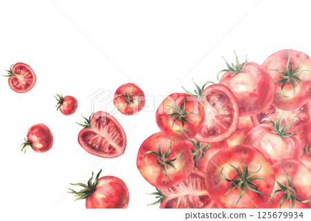 Watercolor red Tomatoes frame with text space template Watercolor vegetables Illustration isolated on white. Whole and sliced fruit and stem leaves Realistic hand painted canned food, sauce, packaging Watercolor red Tomatoes frame with text space template Watercolor vegetables Illustration isolated on white. Whole and sliced fruit and stem leaves Realistic hand painted canned food, sauce, packaging 125679934