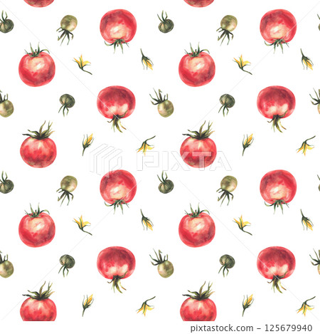 Tomato vegetables red, green fruit with yellow flowers seamless pattern. Watercolor farm plant harvest in realistic style painted illustration isolated on white background for wallpaper, food packing. Tomato vegetables red, green fruit with yellow flowers seamless pattern. Watercolor farm plant harvest in realistic style painted illustration isolated on white background for wallpaper, food packing. 125679940