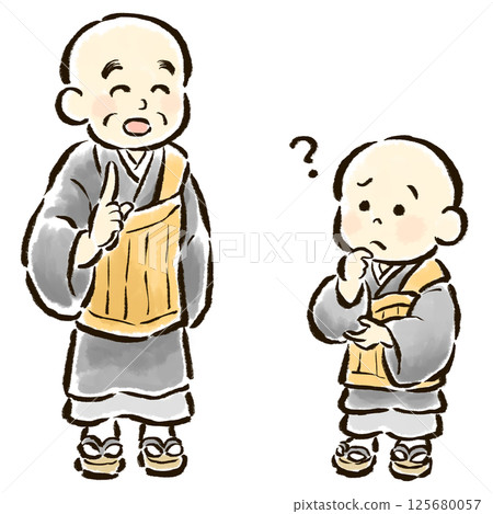 A child monk has a question and an adult monk answers it A child monk has a question and an adult monk answers it 125680057