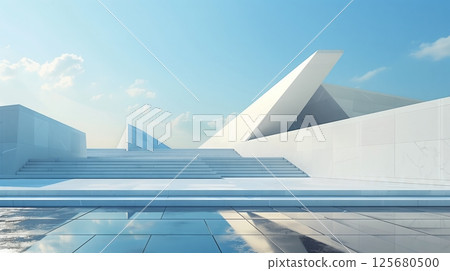 Geometric architecture features clean lines and sharp angles, creating a modern, minimalist aesthetic. 125680500
