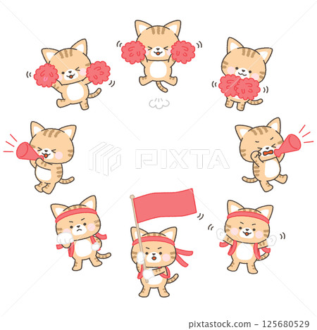 Brown tabby cats cheering for the red team set 125680529