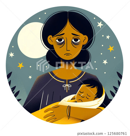 睡眠不足的母親抱著她的孩子 125680761