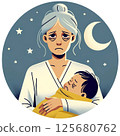 Sleep-deprived grandmother holding a baby 125680762