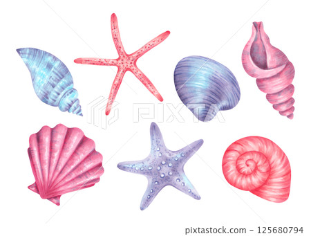 Set of seashells, starfish. Watercolor illustration of underwater elements twisted spiral shell, scallop and clam. Hand drawn isolated art. For the design of marine themes, children's products. 125680794