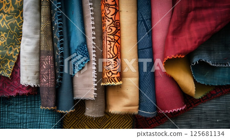 Fabric swatches, arranged in vibrant colors and textures, showcase broad design possibilities and inspiration. Fabric swatches, arranged in vibrant colors and textures, showcase broad design possibilities and inspiration. 125681134