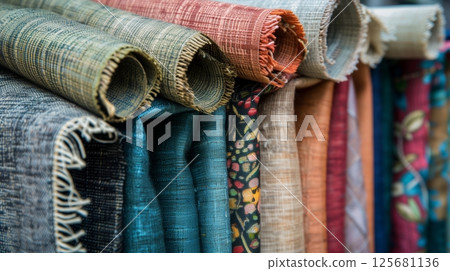 Modern fashion uses high-quality fabrics like satin, silk, and sustainable materials for a stylish look. Modern fashion uses high-quality fabrics like satin, silk, and sustainable materials for a stylish look. 125681136