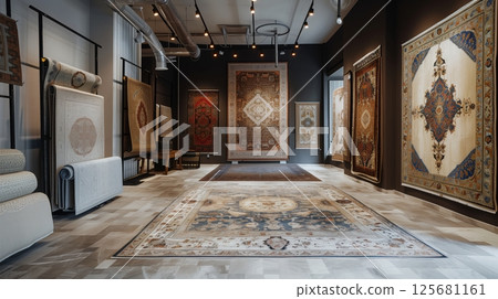 The carpet showroom offers a rich selection of stunning designs and luxurious materials for any decor needs. 125681161