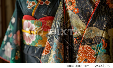 A traditional Japanese kimono with intricate patterns and vibrant colors exemplifies exquisite craftsmanship. 125681220