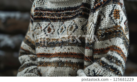 A cozy knitted sweater with intricate patterns, perfect for chilly days. Stylish, comfortable, and luxurious. 125681229