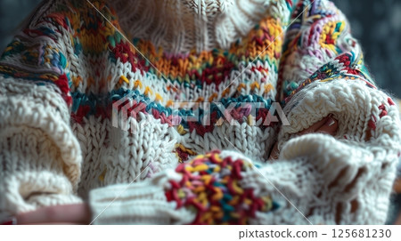 A cozy knitted sweater with intricate patterns offers warmth and style, ideal for chilly days. 125681230